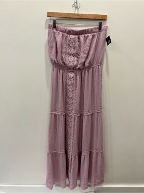 Lily Morgan Strapless Boho Maxi Dress XL Pink Lace Panel Tiered Lined